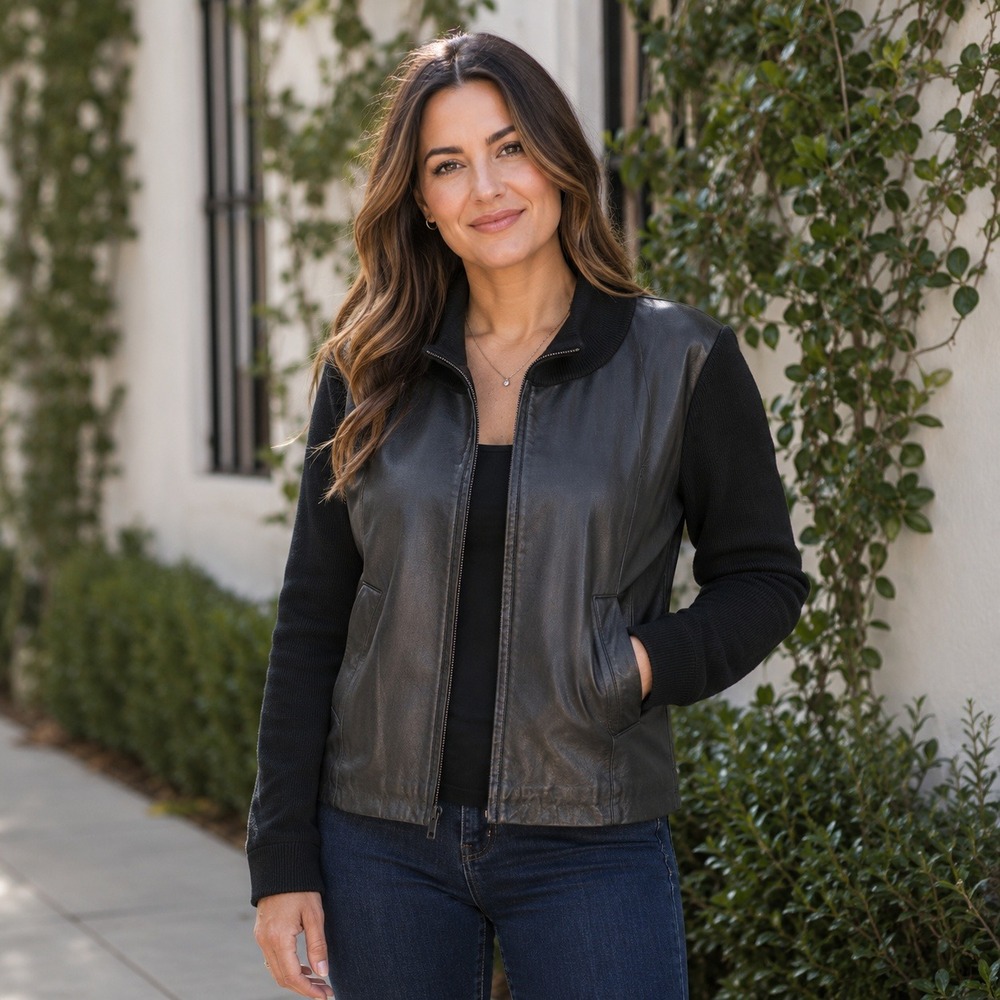 Mossimo Leather Jacket Women L Black Genuine Leather Knit Sleeve and back Zip